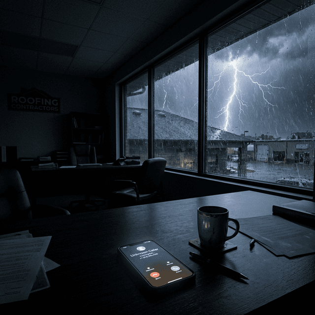 A dark roofing company office looking out a large window at a severe thunderstorm, with a desk phone glowing with a missed call