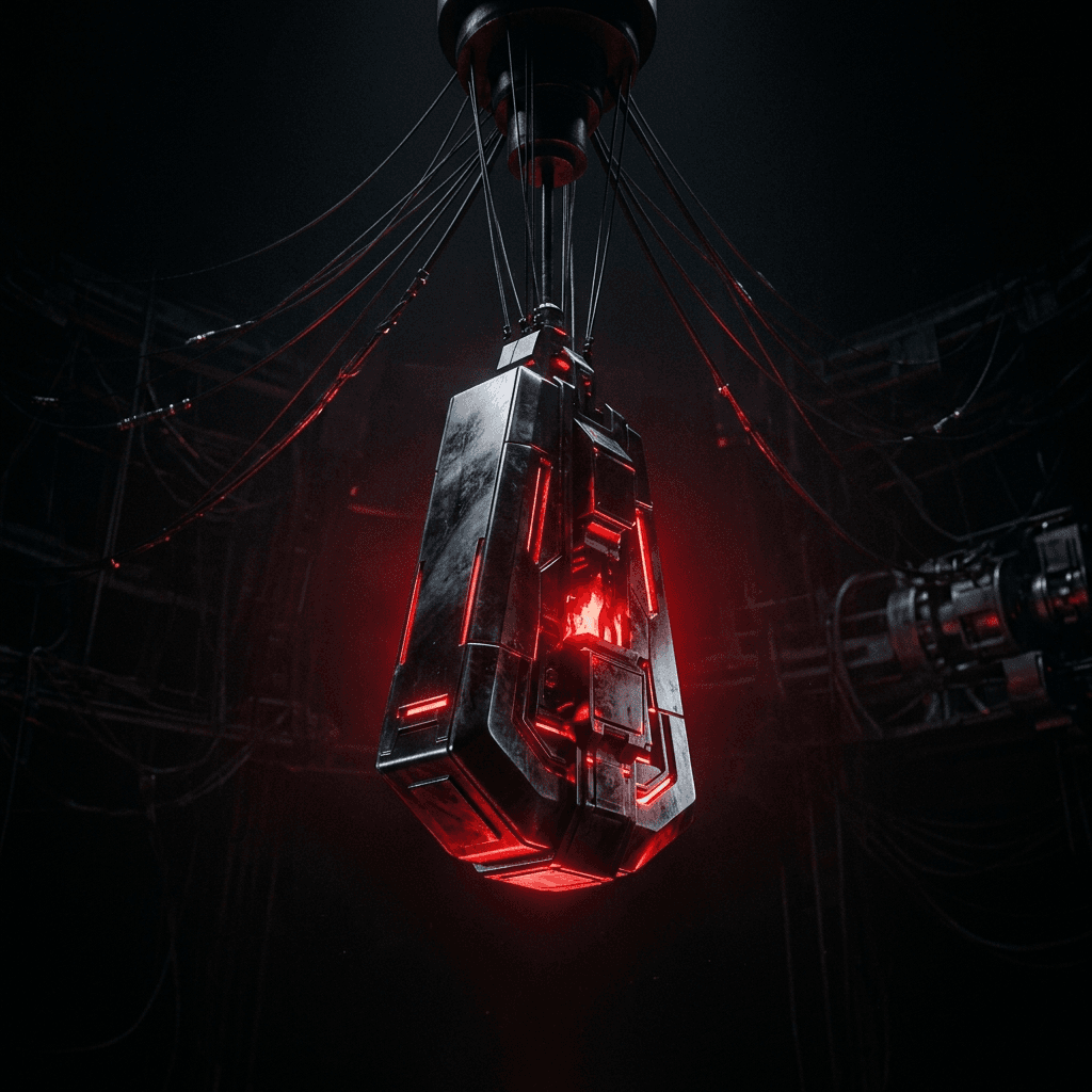 Cinematic abstract render of a massive, sleek, dark metallic pendulum frozen exactly mid-swing in total darkness, suspended by an invisible force, glowing with a tense red light.