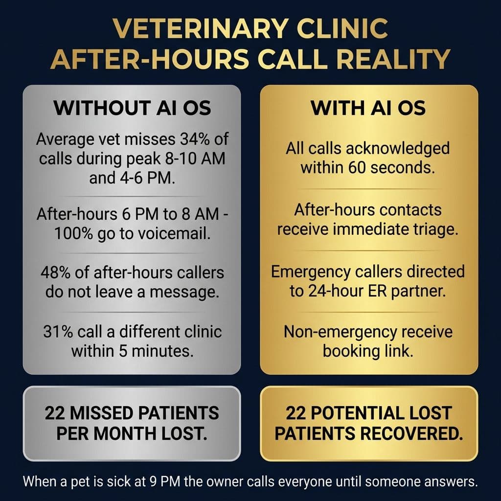 Veterinary Clinic After-Hours Call Reality - side by side without AI vs with AI OS showing 22 missed patients recovered