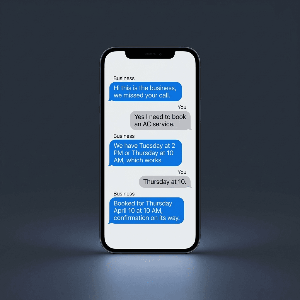 SMS AI conversation example for a home services business: missed call follow-up leading to appointment booking