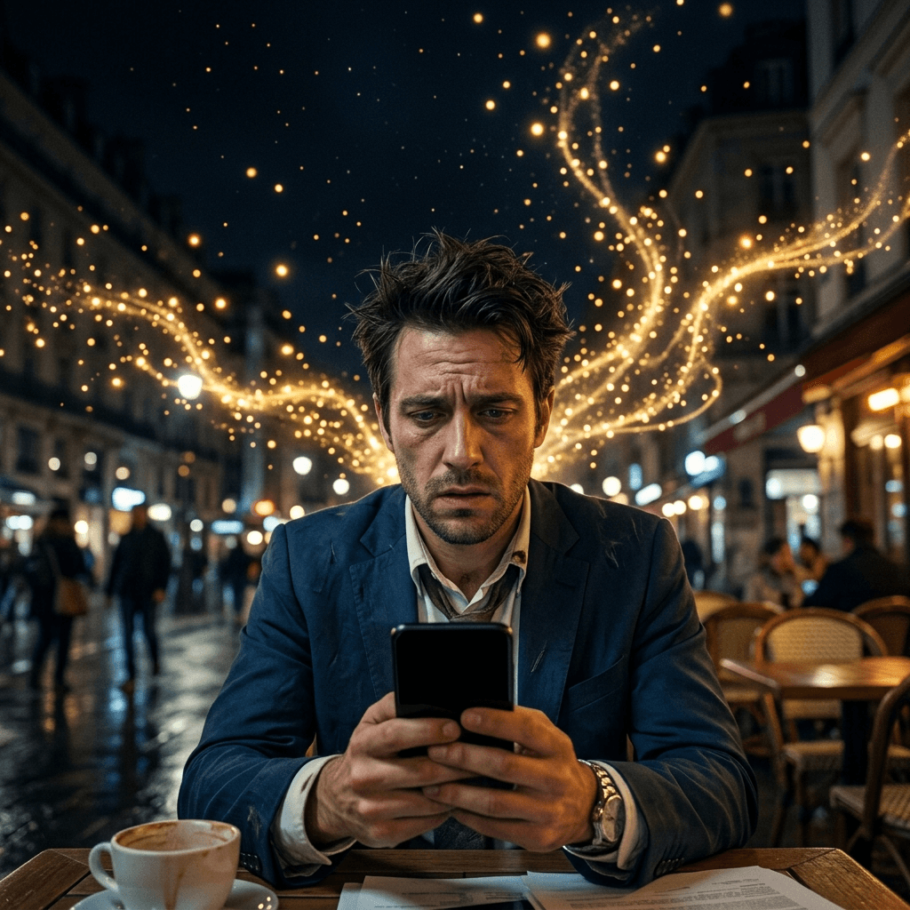 Cinematic portrait of a stressed sales rep looking at an empty phone screen while golden leads float away representing missed lead opportunity.