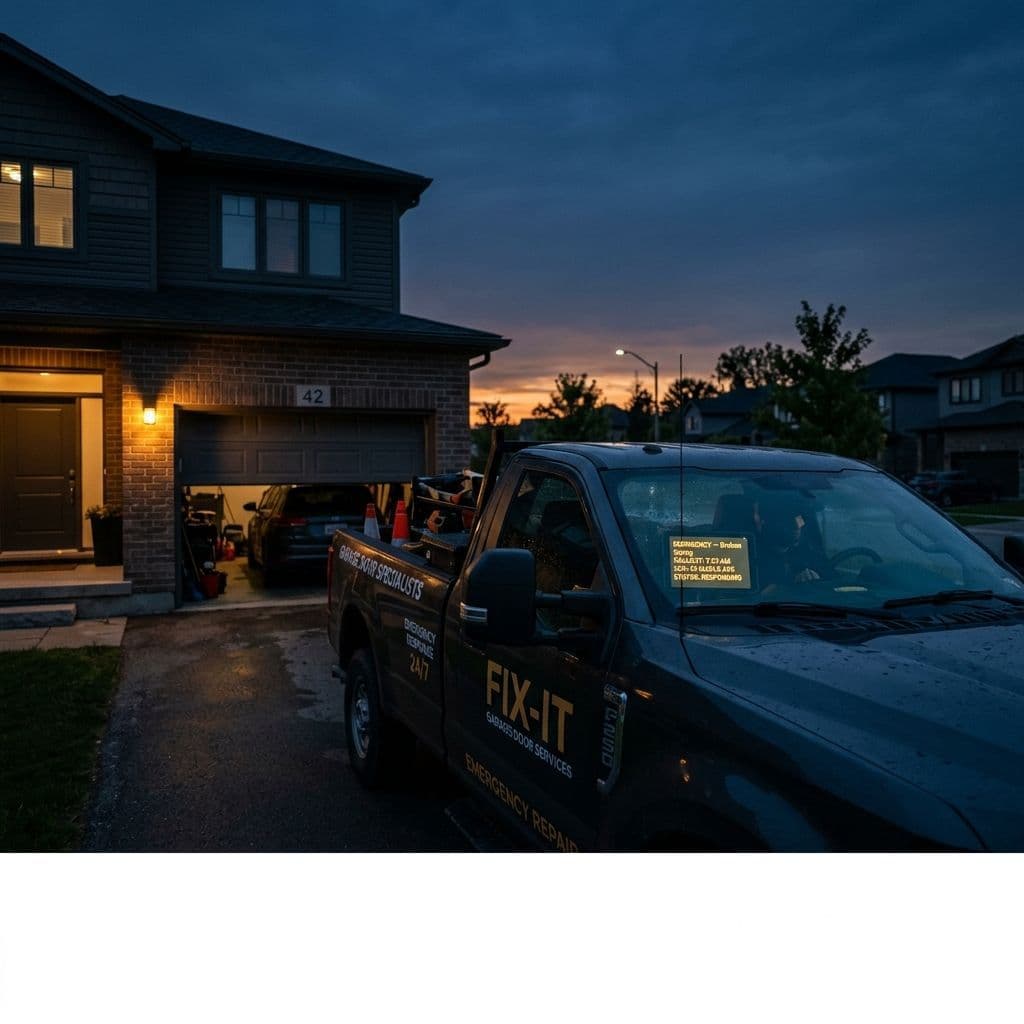 Garage door service truck in residential driveway at dawn — deep blue sky with orange horizon. Cab tablet glows showing EMERGENCY — Broken Spring, 7:02 AM. Garage door stuck halfway open behind. Amber porch light on. The mood: fast professional response, the company that shows up first.