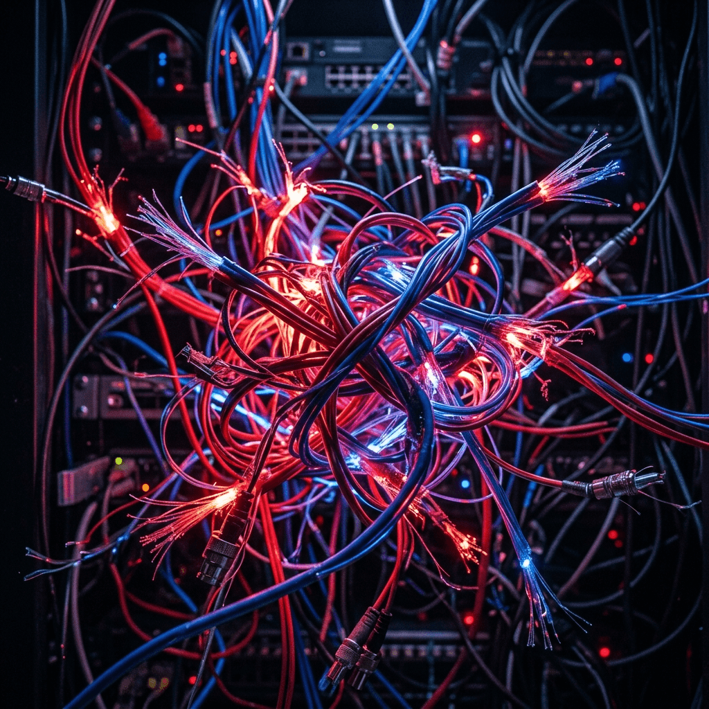 Cinematic abstract photograph of violently tangled fiber optic cables glowing red and blue representing failed integrations.
