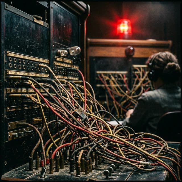 A cinematic, retro-styled macro shot of a chaotic 1950s telephone switchboard, representing the pressure of high call volume.