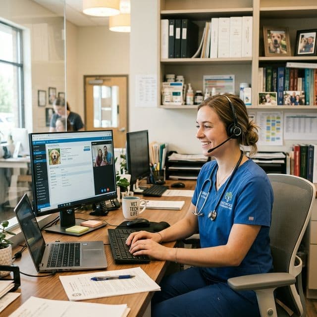 Natural photo of a veterinary technician with a headset assisting a caller