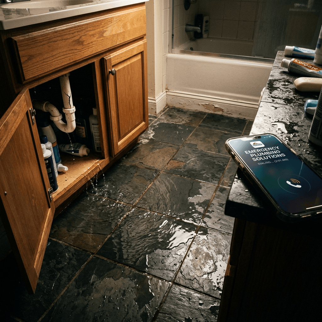 A bathroom floor at 2 AM — water spreading across dark tile from a burst pipe under the sink cabinet. A smartphone on the wet counter shows a plumbing company dialing screen. The water is still spreading. Every second without an answer is money bleeding away. No person visible.