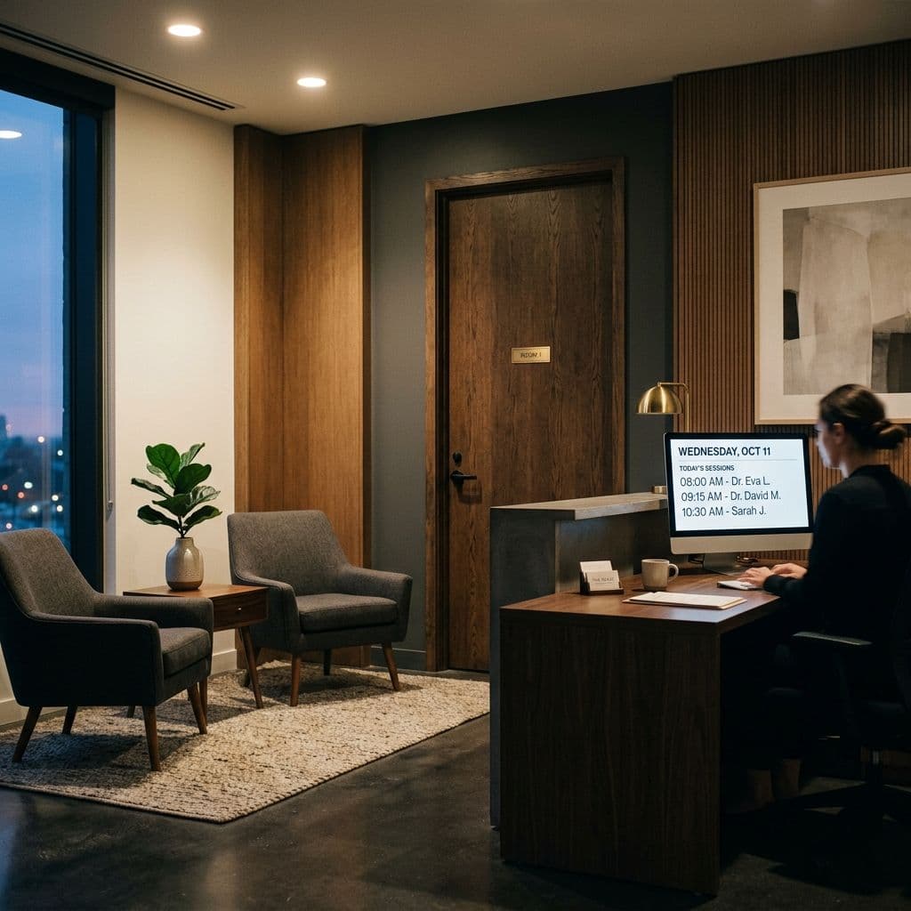 Cinematic dark editorial photograph of a modern therapy practice waiting area