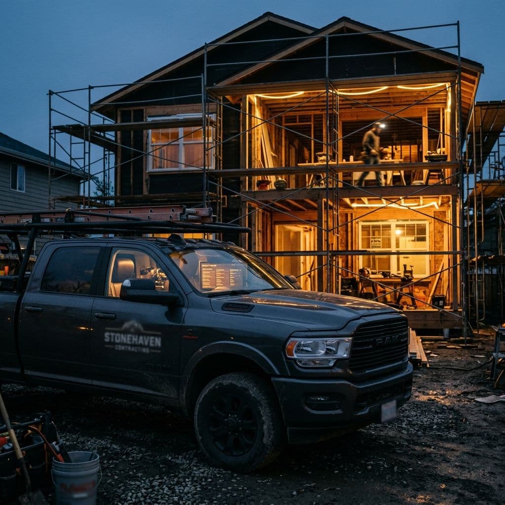 General contractor truck parked at home under renovation at dusk, scaffolding glowing amber, tablet in cab showing project pipeline
