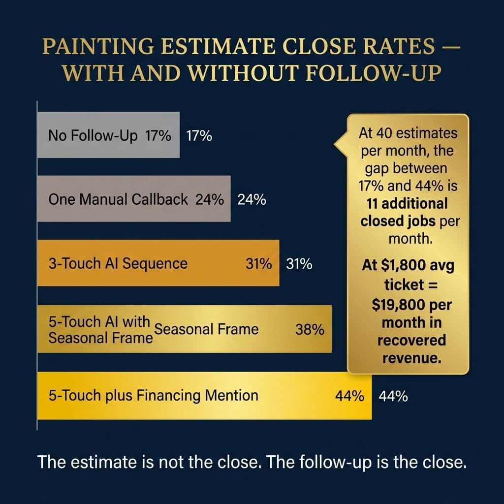 Painting Estimate Close Rates — With and Without Follow-Up: No Follow-Up 17%, One Manual Callback 24%, 3-Touch AI Sequence 31%, 5-Touch Seasonal Frame 38%, 5-Touch plus Financing 44%. At 40 estimates/month the gap is 11 additional closed jobs = $19,800/month recovered.