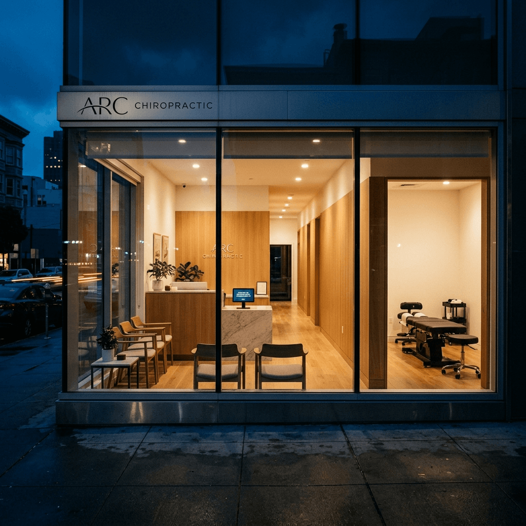 Cinematic dark editorial photograph. A premium US chiropractic clinic exterior at dusk with warm amber lighting against deep navy skies.