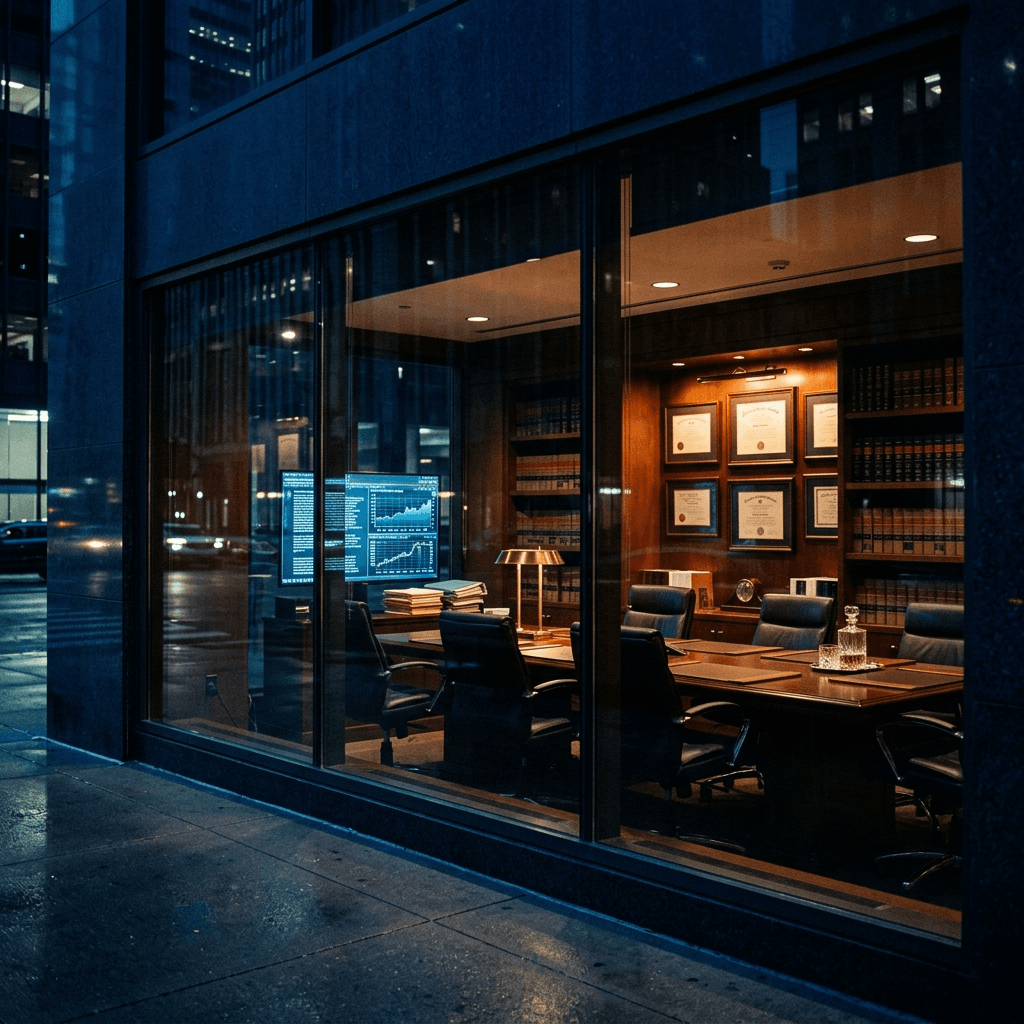 Cinematic wide shot of a modern US law firm office at night