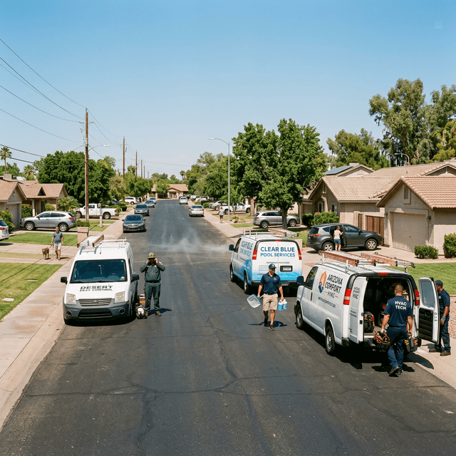 Three service vans from pest control, pool cleaning and HVAC companies parked simultaneously on a suburban street during summer peak season