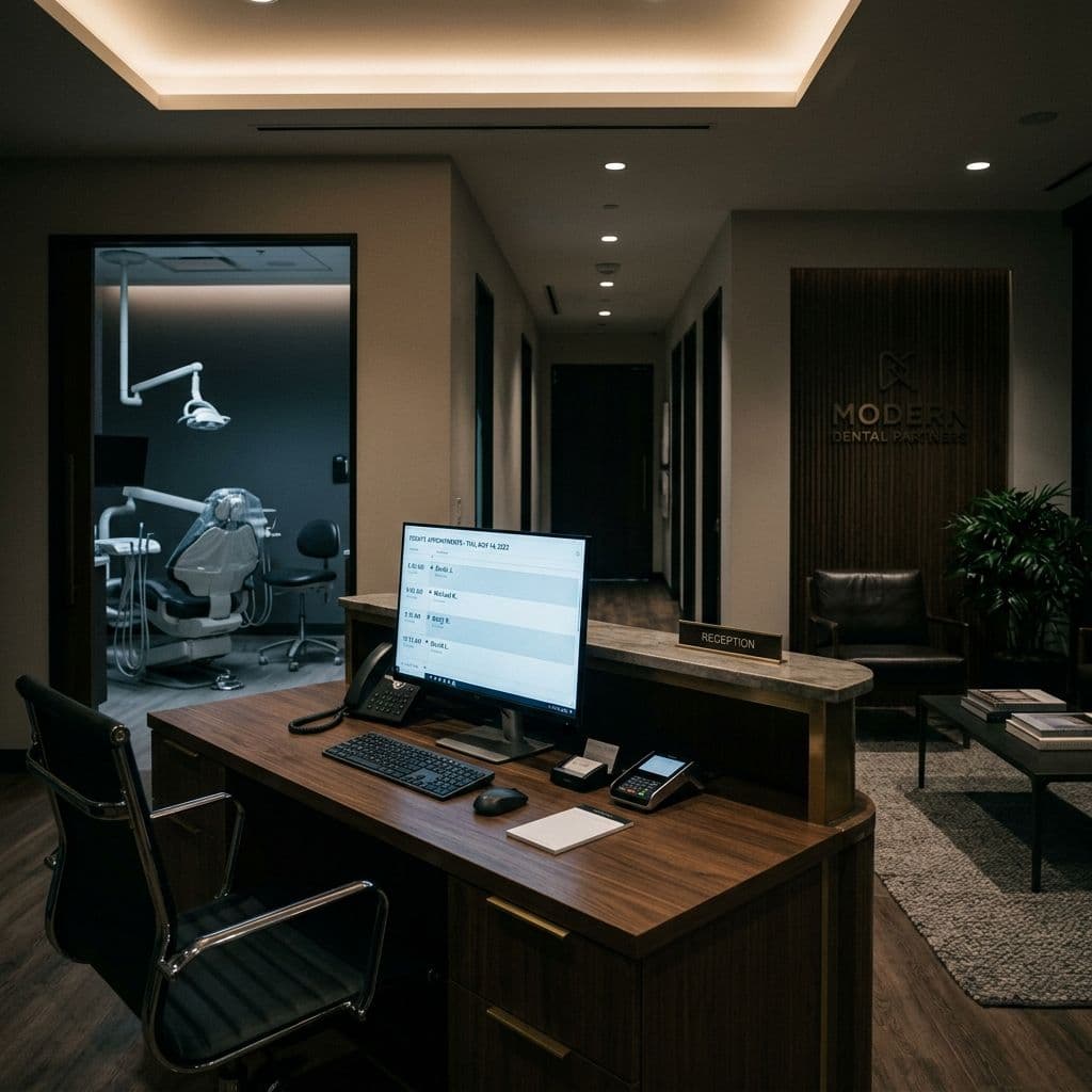 Modern dental practice reception with schedule on monitor, operatory visible through doorway, empty early morning
