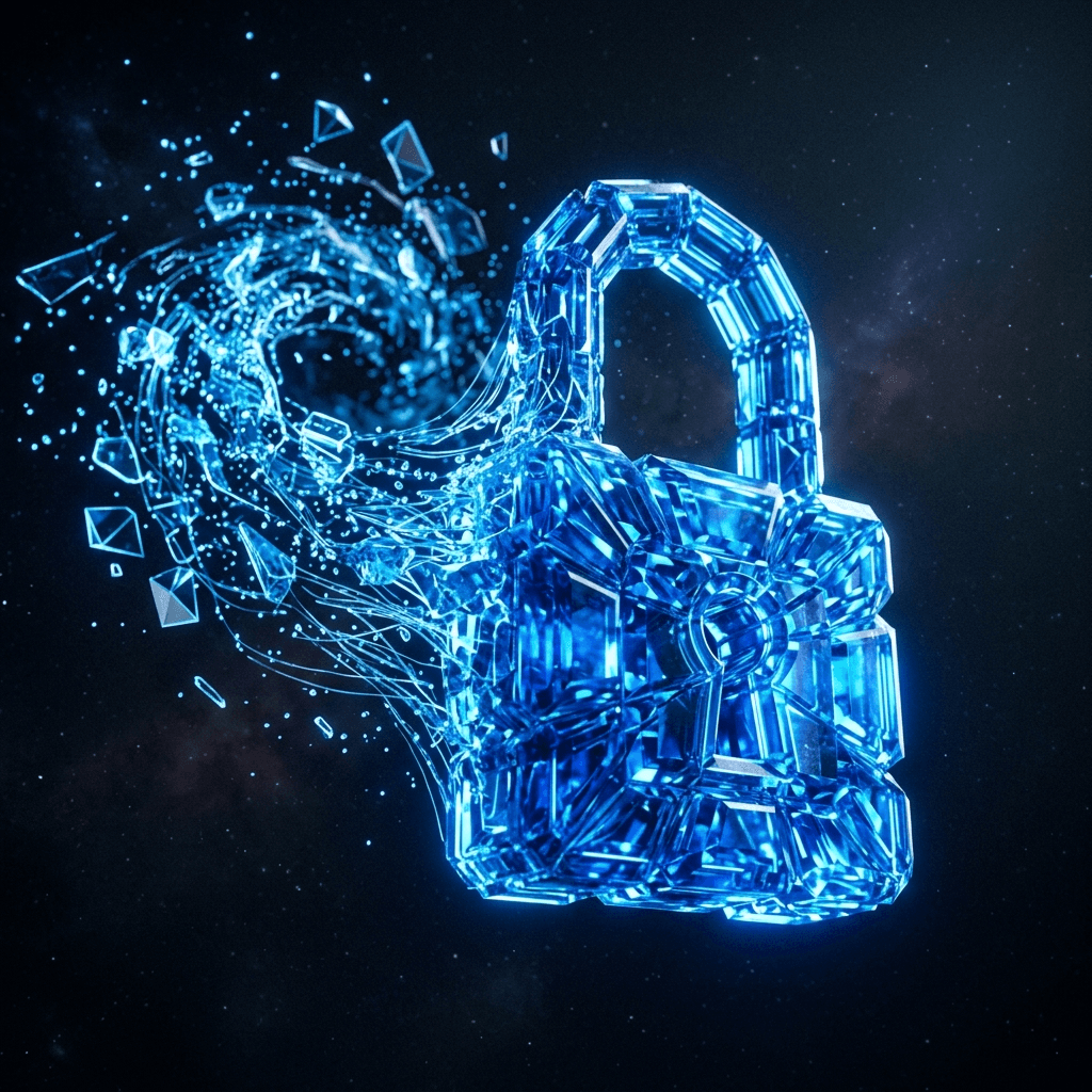 Abstract photograph of glowing crystalline data turning from liquid into a solid glowing blue padlock shape.