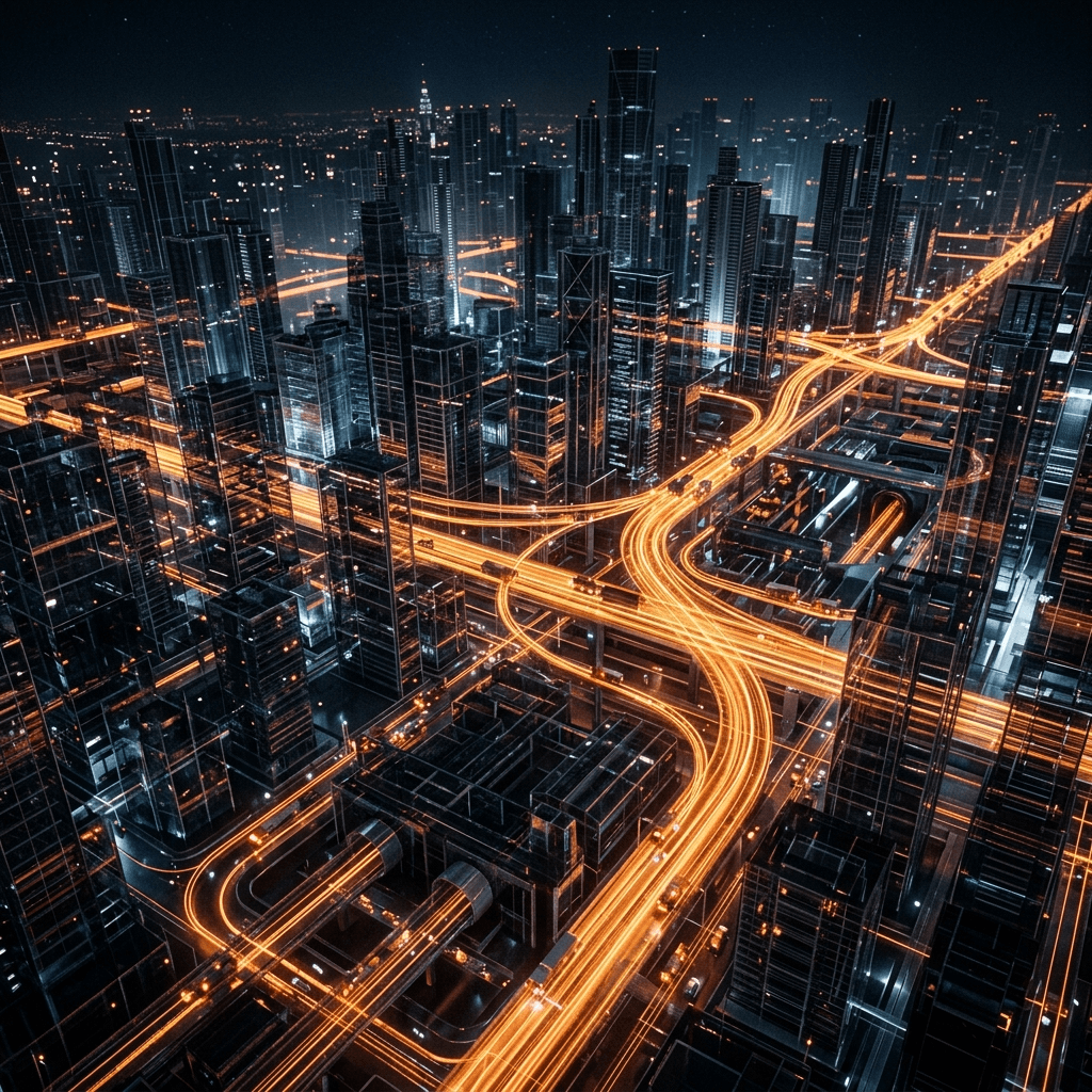 Abstract visualization of glowing dispatch vectors navigating complex urban logistics density.