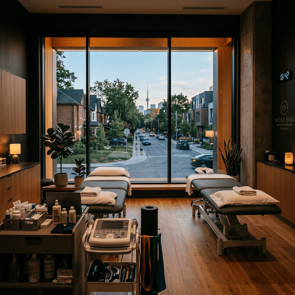 Cinematic golden hour light in a modern GTA physiotherapy treatment room