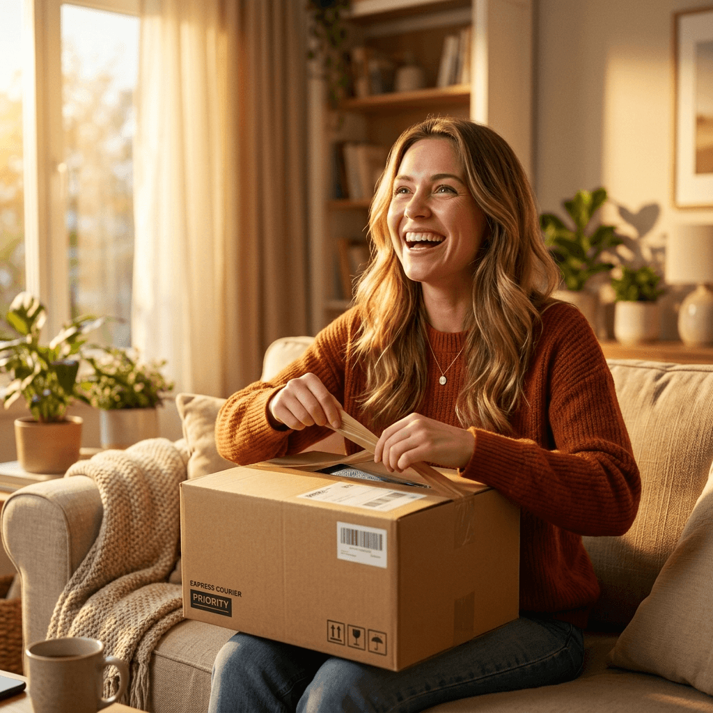 Cinematic portrait of an ecstatic customer opening a beautifully sealed package received with extreme speed.