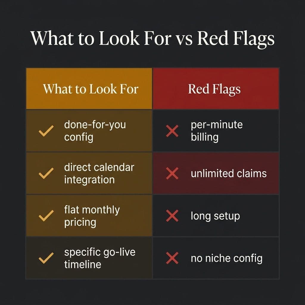 Two-column comparison chart: what to look for in an AI receptionist vs red flags to avoid — done-for-you config, flat pricing, niche knowledge vs per-minute billing, unlimited claims