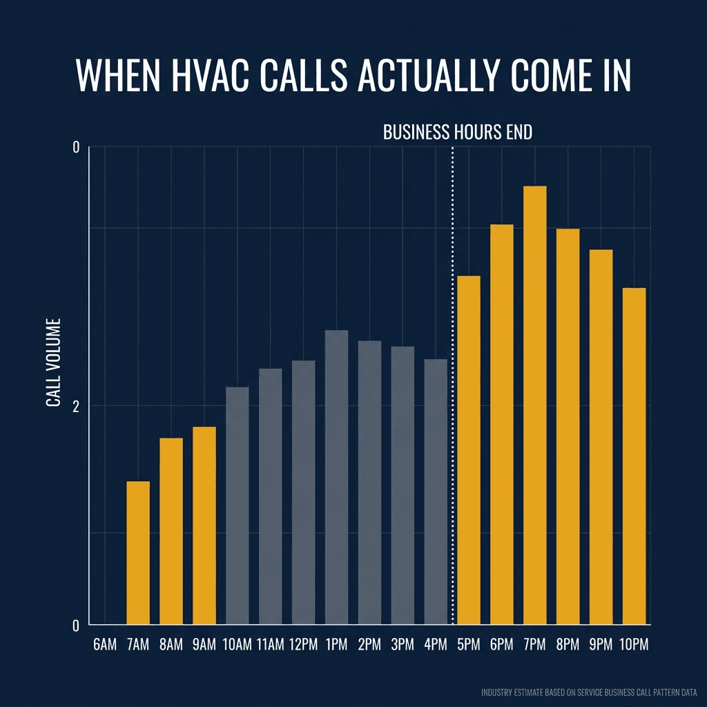 Bar chart showing when HVAC calls actually come in — after-hours volume in amber gold significantly higher than business-hours bars