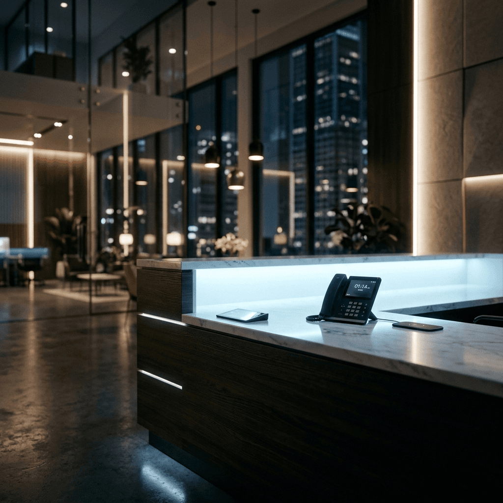 Sleek modern reception desk at night bathed in ethereal blue-white digital glow — staffed by intelligence, not a person, always ready to answer