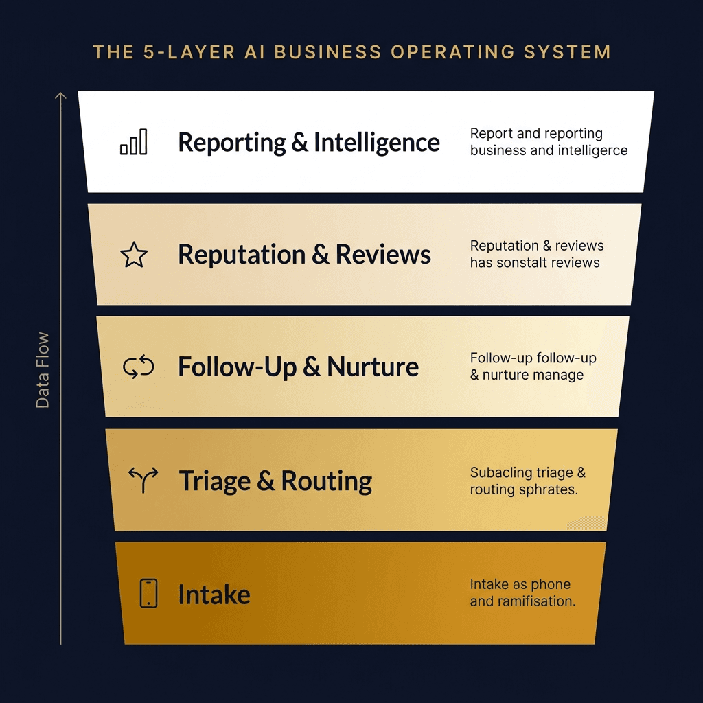 The 5-Layer AI Business Operating System stack diagram — Intake, Triage and Routing, Follow-Up and Nurture, Reputation and Reviews, Reporting and Intelligence — shown as a gold-to-white inverted pyramid on dark background