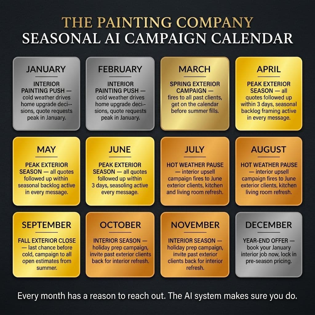 The Painting Company Seasonal AI Campaign Calendar — 12 months: Jan-Feb Interior Painting Push, March Spring Exterior Campaign, Apr-Jun Peak Exterior Season, Jul-Aug Hot Weather Interior Upsell, September Fall Exterior Close, Oct-Nov Interior Season, December Year-End Offer.