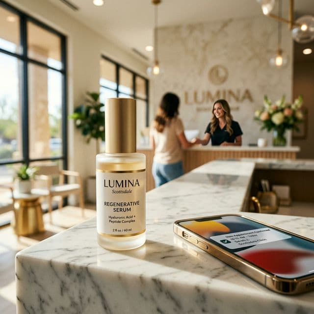 Premium Clinic Aesthetic: Sunlit Scottsdale med spa with an AI appointment confirmation.