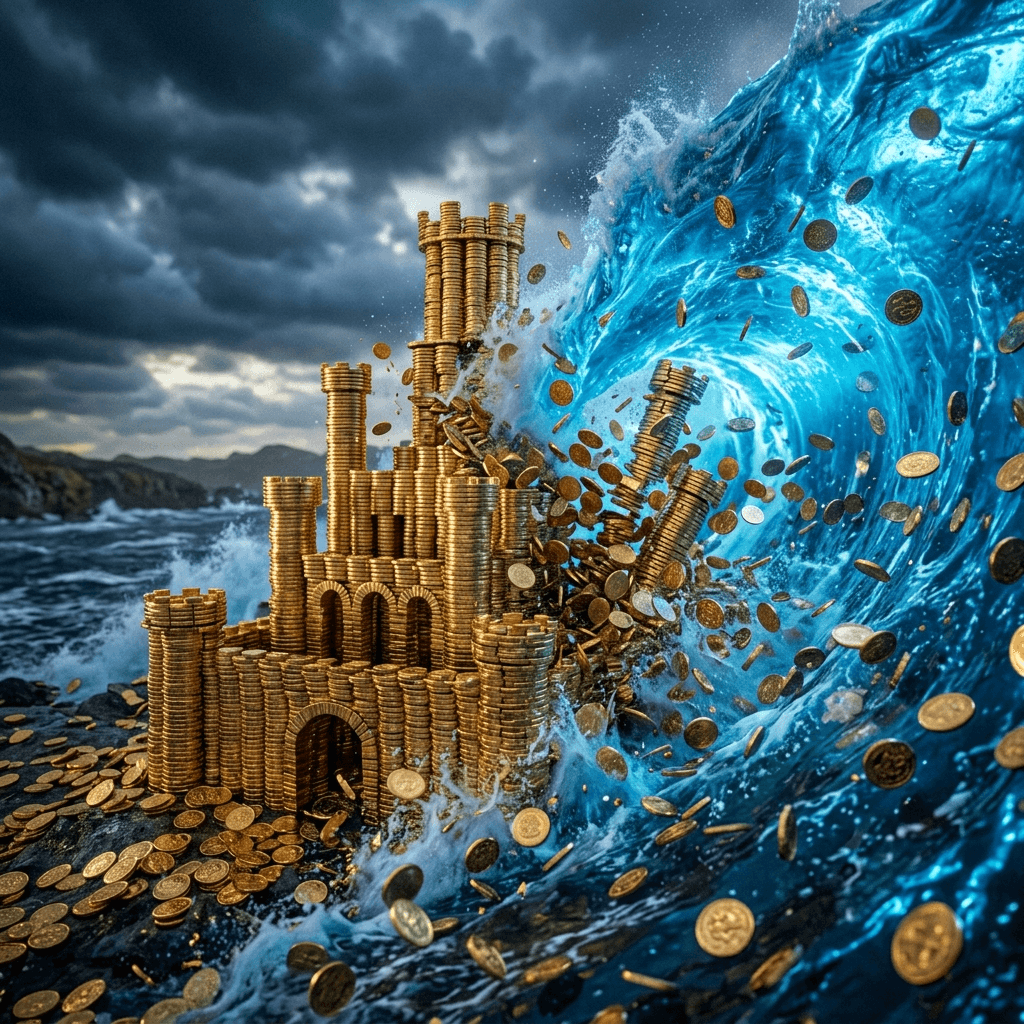 Abstract 3D render of a glowing blue wave violently crushing a delicate castle made of golden coins representing emergency revenue loss.