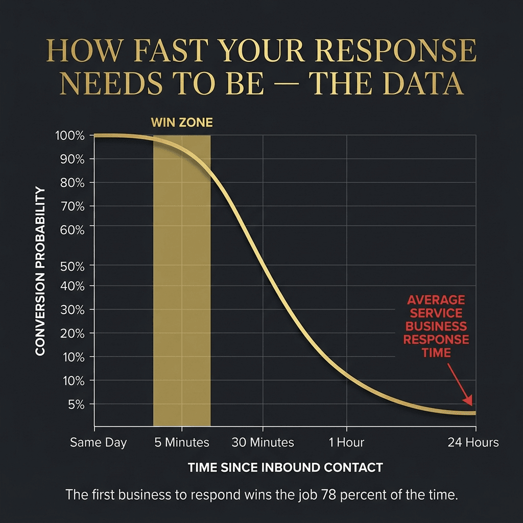 How Fast Your Response Needs to Be — The Data. A downward gold curve showing conversion probability from 100% at 5 minutes dropping to 5% at 24 hours. Gold WIN ZONE shaded at 5 minutes. Red annotation at 24-hour mark labeled Average Service Business Response Time. Caption: The first business to respond wins the job 78% of the time.
