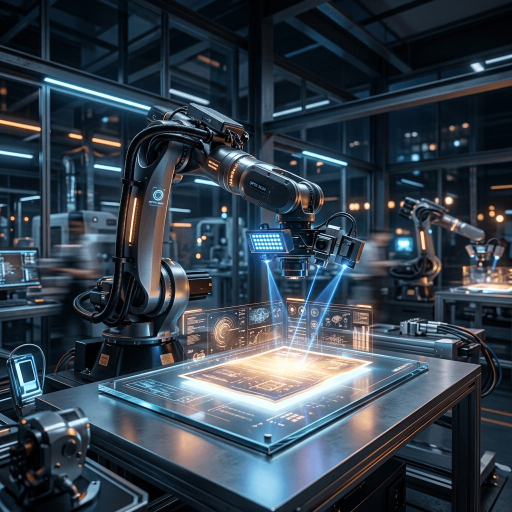 Cinematic wide shot of a high-tech robotic assembly arm analyzing a printed repair estimate representing instant automated digital follow-ups.