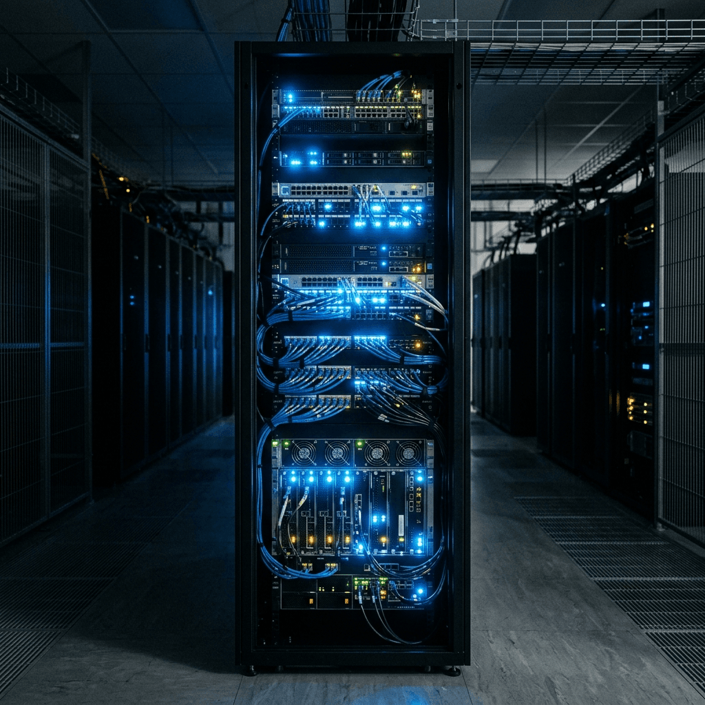 Cinematic visual of a pristine 8k illuminated data center rack representing the raw infrastructure of automated lead conversion.