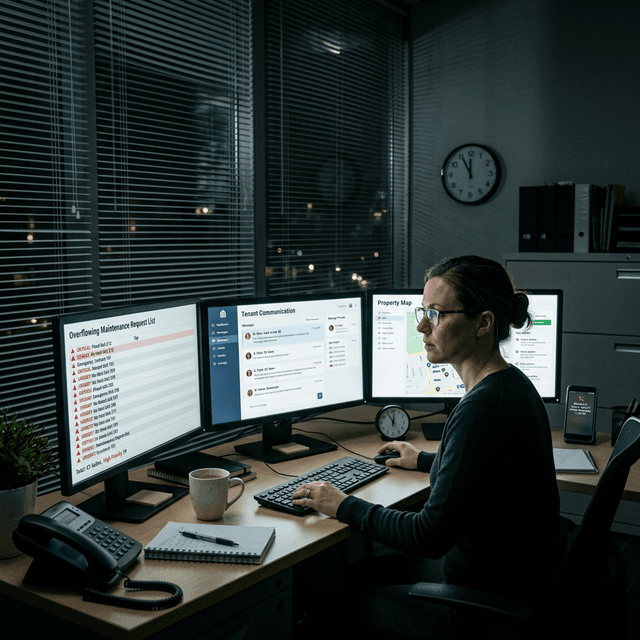 A property manager working late at night at a triple monitor desk showing overflowing maintenance requests, tenant communications, and a property map, with a smartphone showing missed call notifications