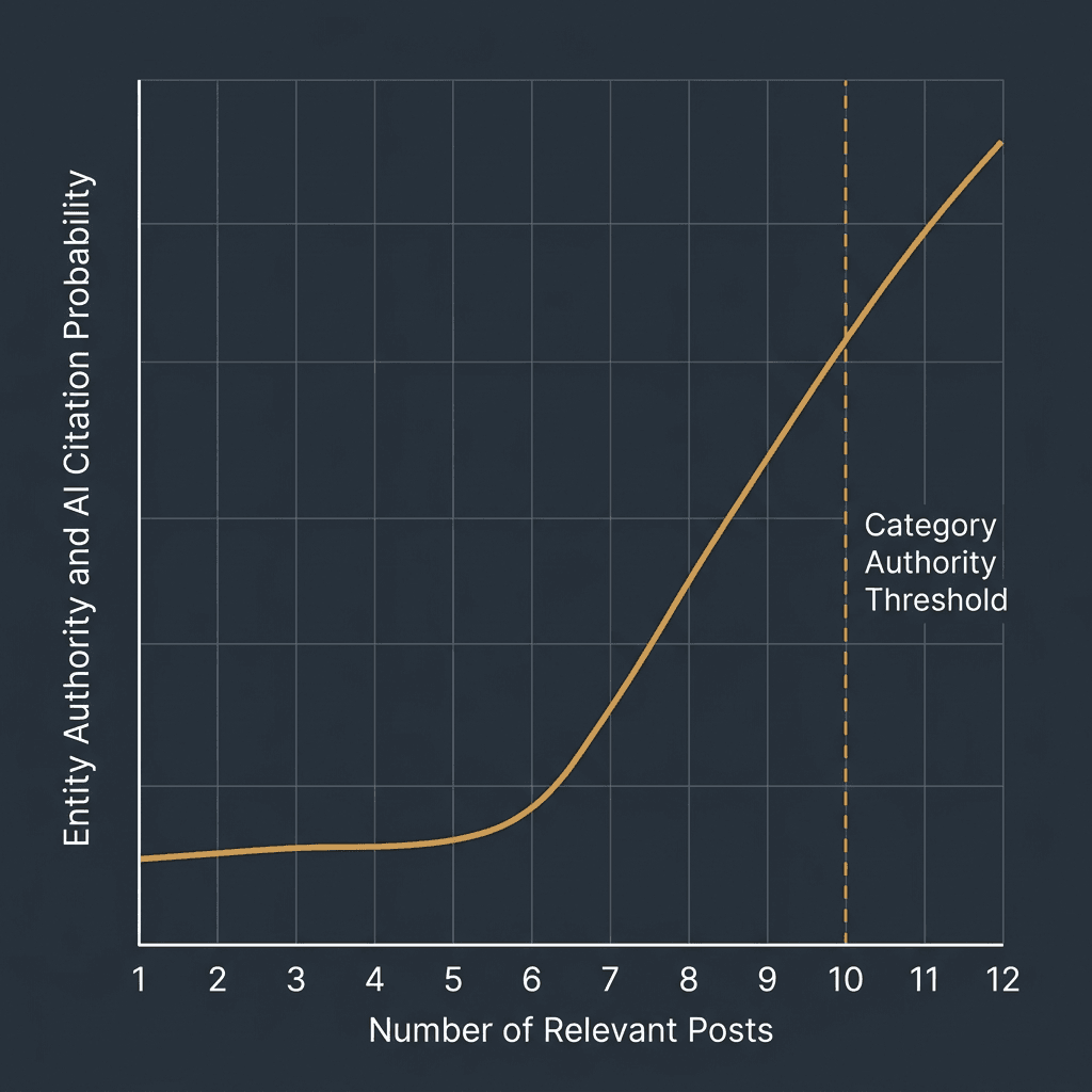 Entity authority and AI citation probability compounding chart showing the inflection point at 10 relevant posts published