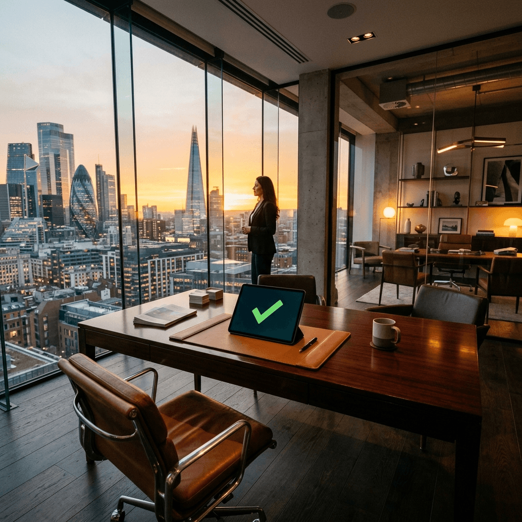A luxury real estate office with a tablet showing a confirmed viewing