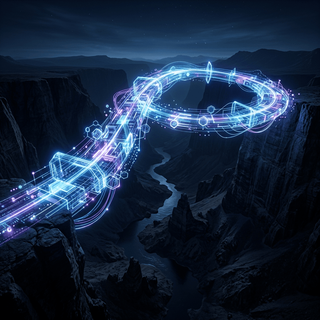 Abstract 3D render of a flawless, glowing digital bridge or continuous light-loop spanning across a dark, vast, echoing canyon.