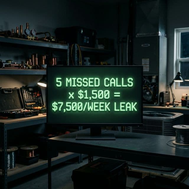 A professional digital chalkboard showing the $7,500/week revenue leak from missed HVAC calls.