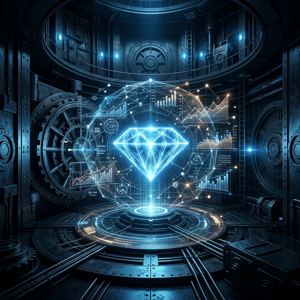 Abstract 3D render of a deep, echoing metallic bank vault containing a floating, glowing geometric diamond surrounded by transparent layers of architectural financial charts.