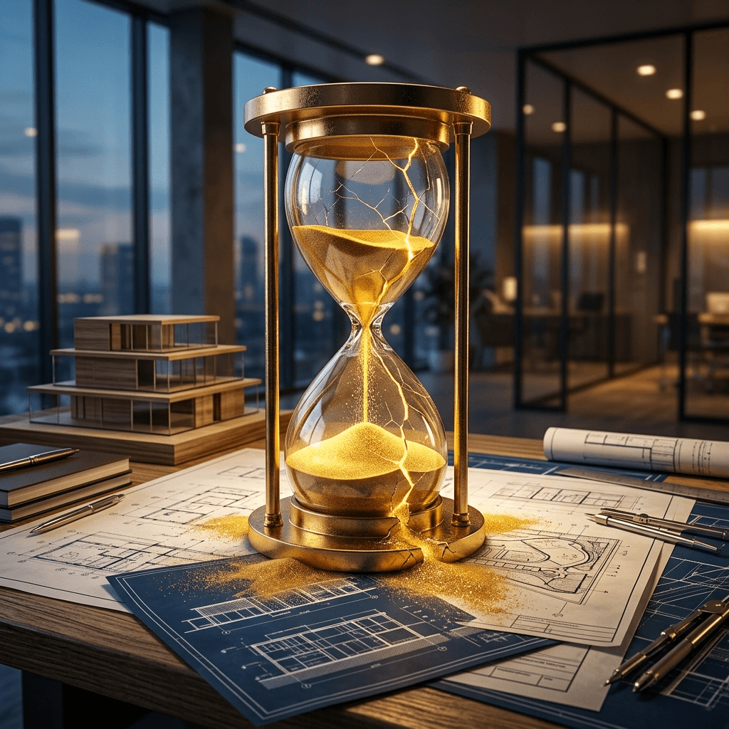 Abstract 3D render of a glowing gold hourglass cracking under the pressure of draining golden sand directly onto a premium architectural landscape blueprint.