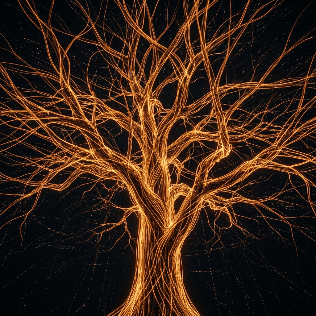 Abstract visual of a glowing fiber optic tree representing digital dispatch routing logic for emergency tree service crews.