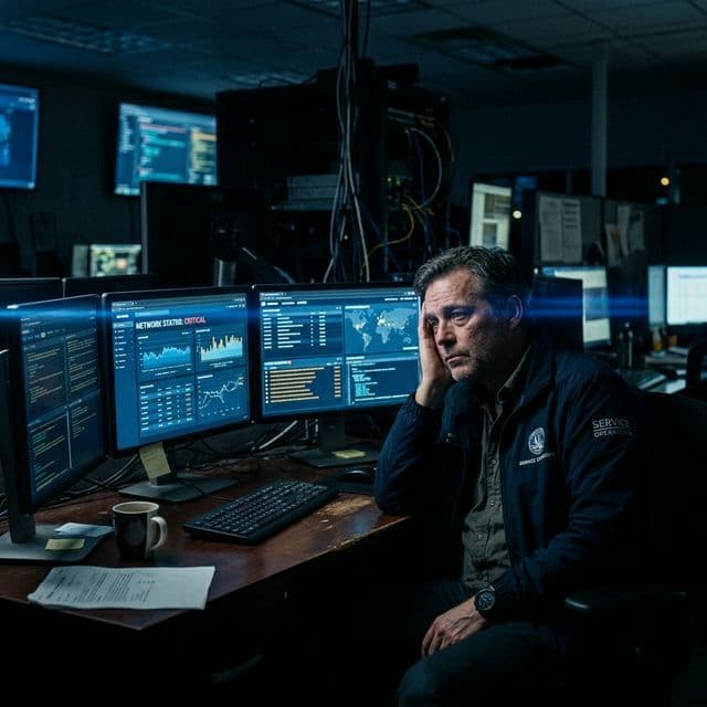 The emotional cost of software fatigue: A service manager facing the blue-light drain of inefficient systems.