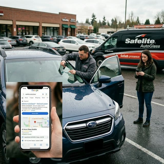 A windshield repair technician working on a car while the owner looks at a phone screen showing a local auto glass shop appointment already booked, with a national chain van visible in the background.