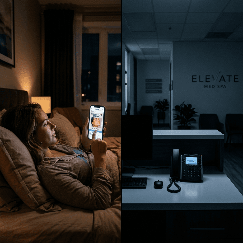 Split scene: med spa client scrolling beauty content at night on left, empty med spa reception desk with unanswered phone on right — the after-hours intent gap