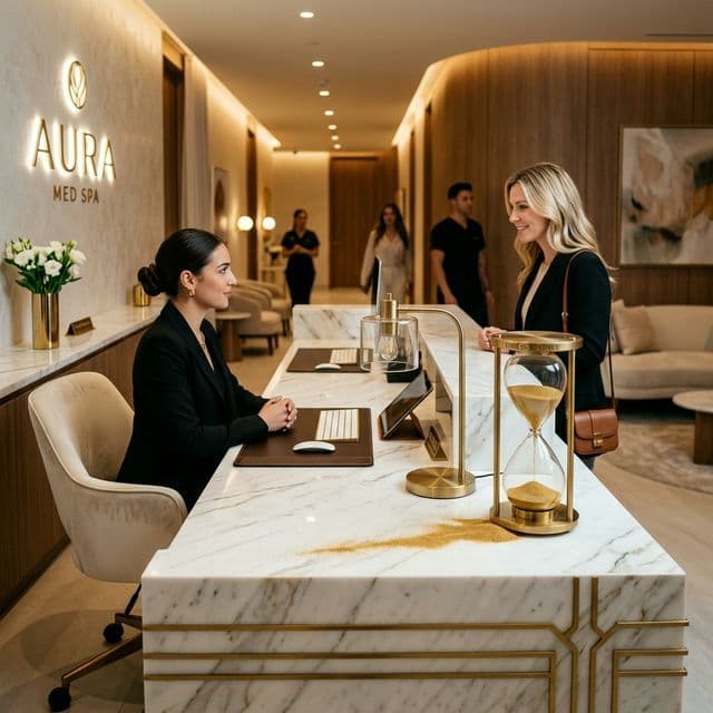 Premium Med Spa reception with a symbolic revenue leak hourglass