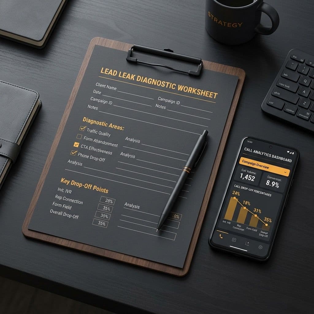 A lead leak diagnostic worksheet clipboard next to a phone showing call analytics — the tools to find where service business leads are disappearing