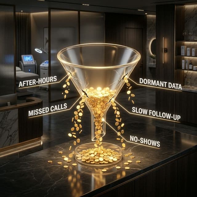 A premium 3D isometric diagram of a glowing glass funnel with 5 cracks leaking gold coins, illustrating med spa revenue loss.