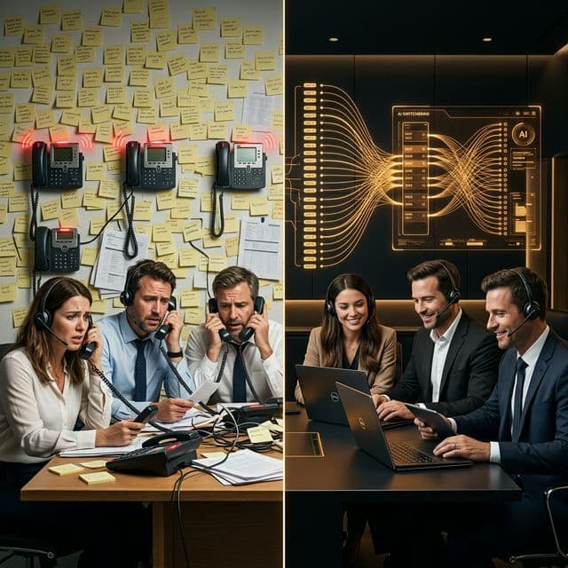 Split image showing a small overwhelmed team surrounded by ringing phones and sticky notes on the left, contrasted with the same calm team on the right with an AI switchboard handling dozens of simultaneous glowing call lines.