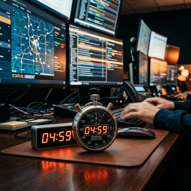 Cinematic: High-stakes digital clock at 4:59 represents the 5-minute lead response cliff