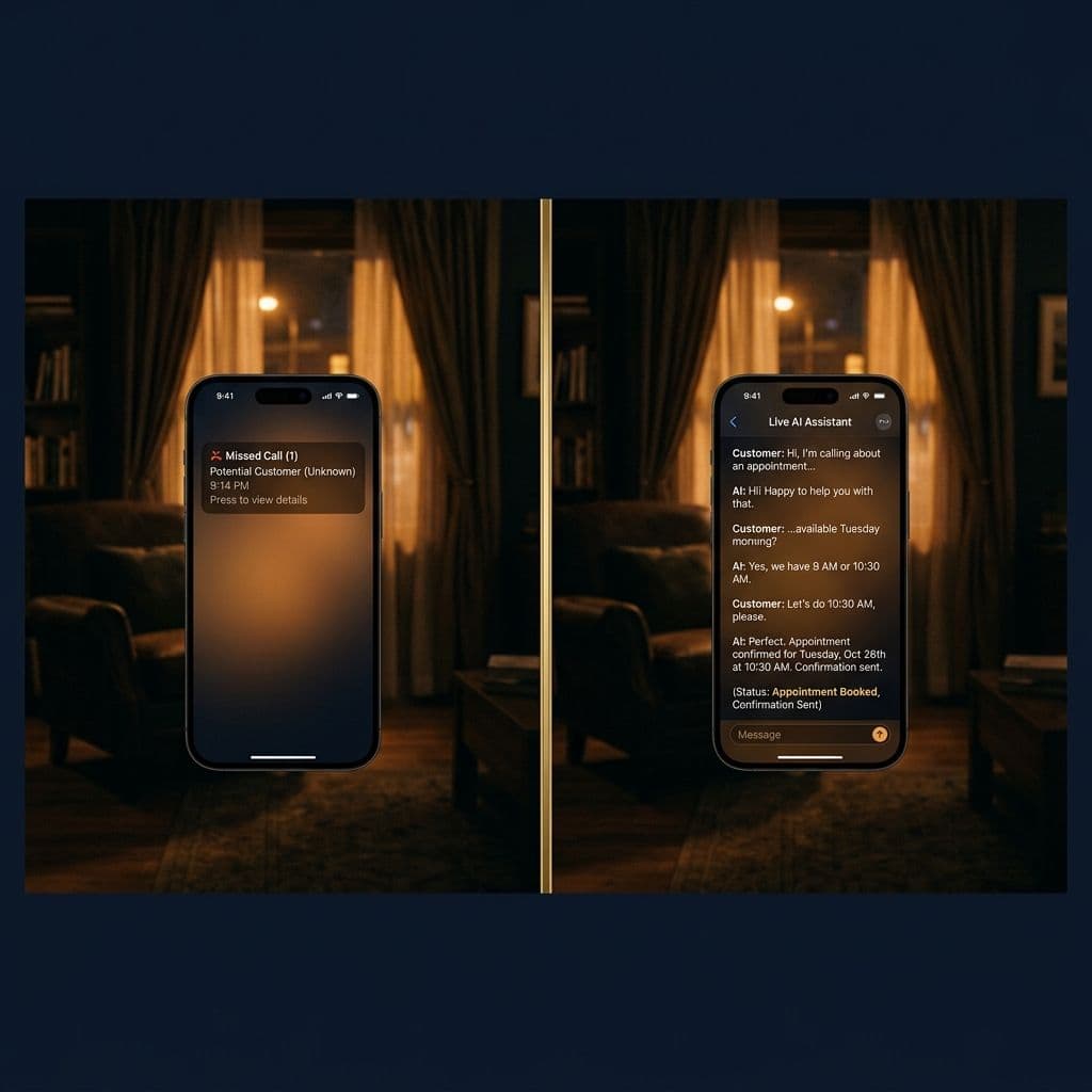 Split image showing a missed call at 9 PM versus an AI Business Operating System handling the same call — appointment booked automatically