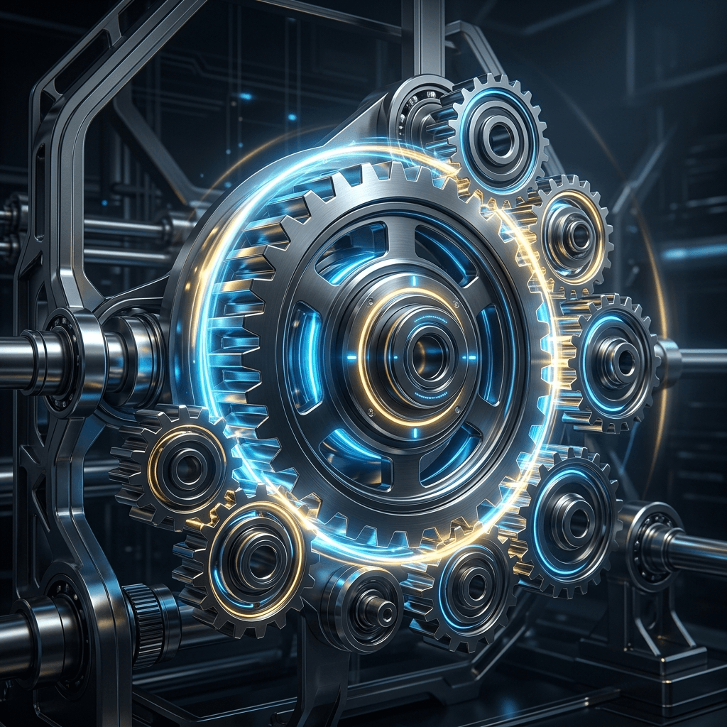 Abstract 3D render of flawlessly machined, premium metallic interlocking gears seamlessly transferring a pulse of glowing energy.