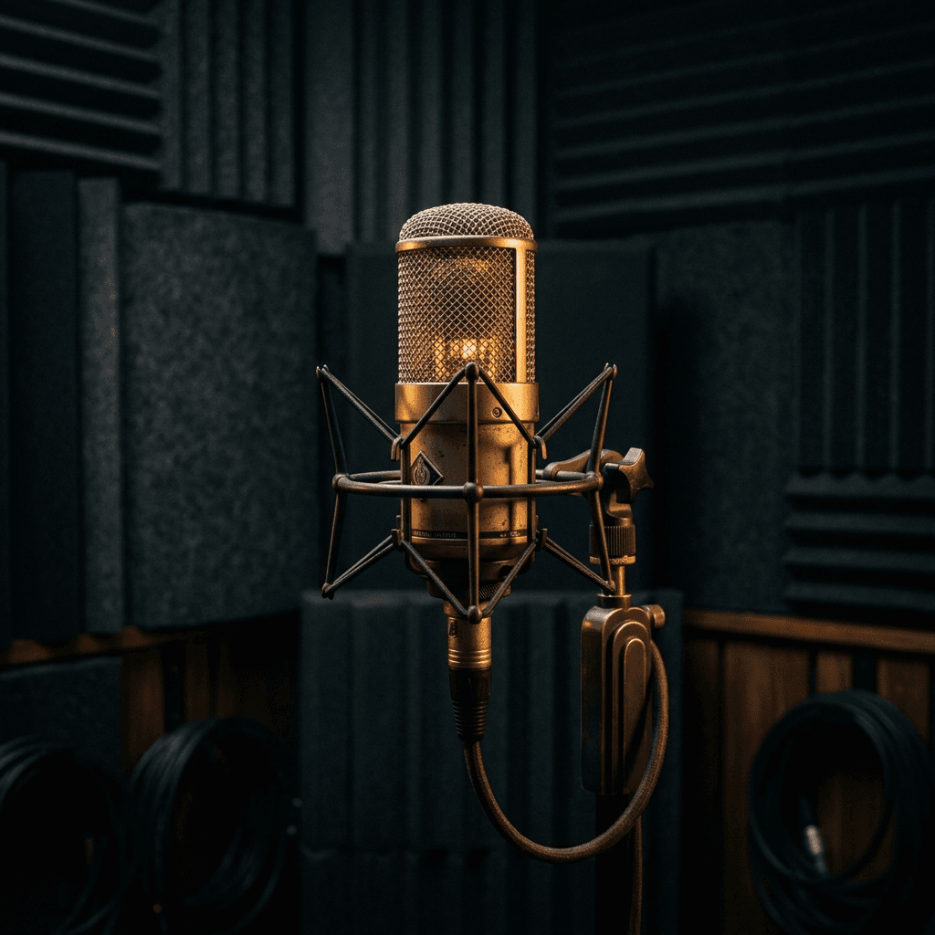 Cinematic 8k close-up of an elegant, vintage studio microphone glowing with a soft, warm golden light inside a high-end dark soundproof recording booth.